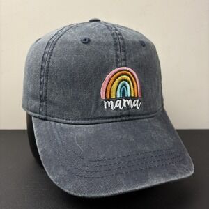 Mama Rainbow Embroidered Washed Charcoal Blue Strapback Dad Hat Adjustable Cap